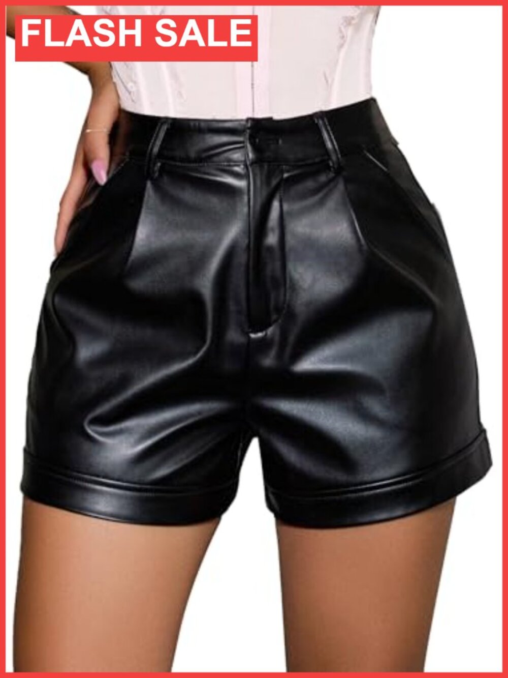 Faux Leather Shorts High Waisted Pleated with Pockets